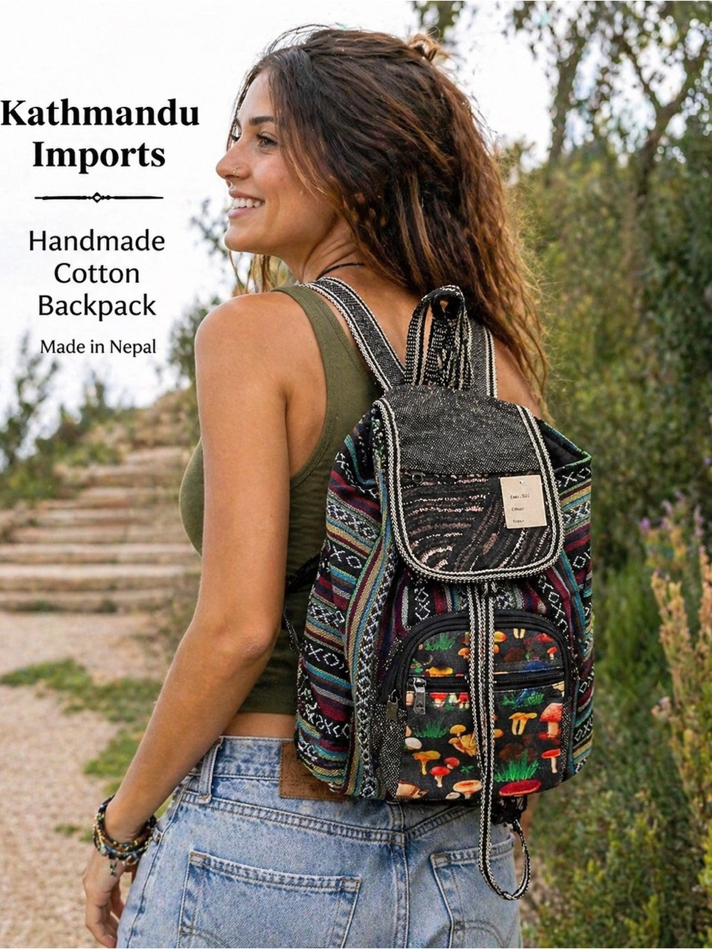 Kathmandu Imports Boho Cotton Backpack 🌿 Mushroom Print NWT